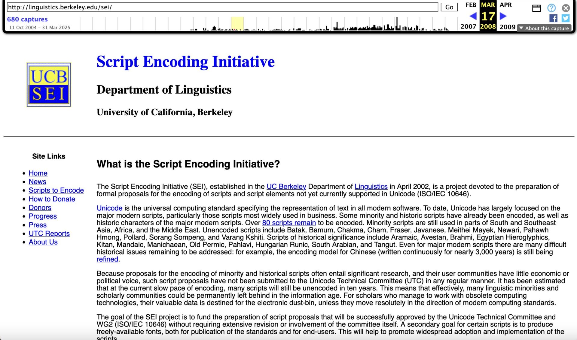 Wayback machine snapshot of SEI website from 2008