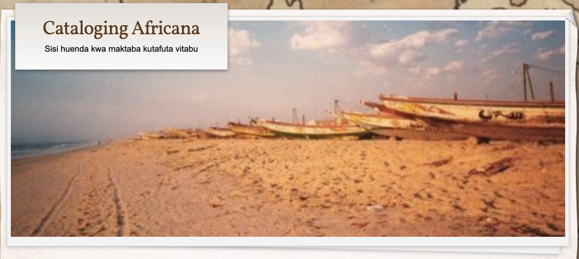 header of Cataloging Africana website, showing boats on a beach