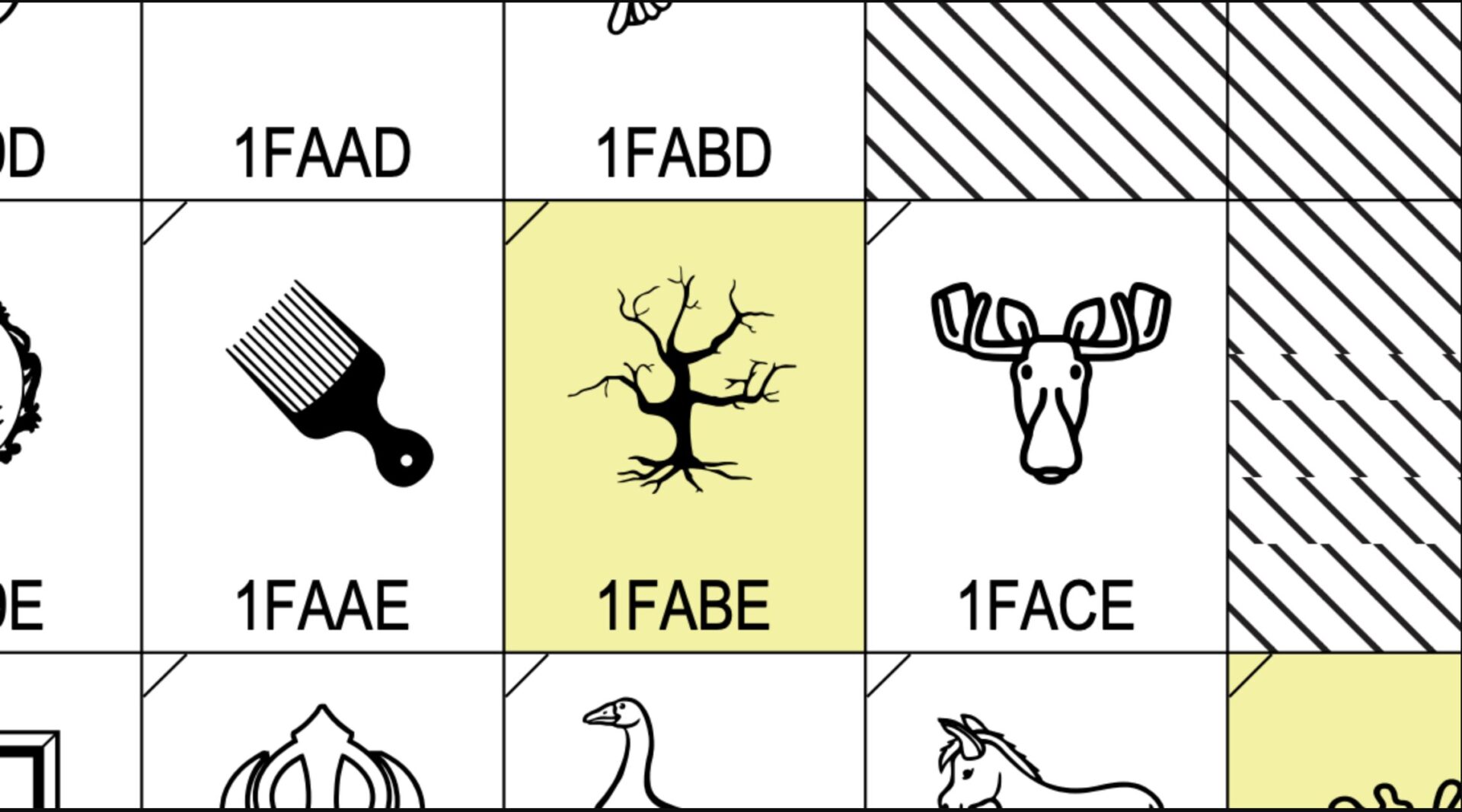 emoji codechart, featuring the leafless tree emoji