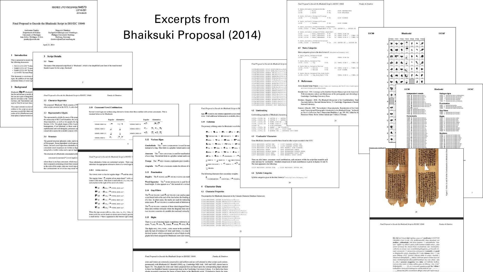 screenshots of various pages of the Bhaiksuki script proposal from 2014