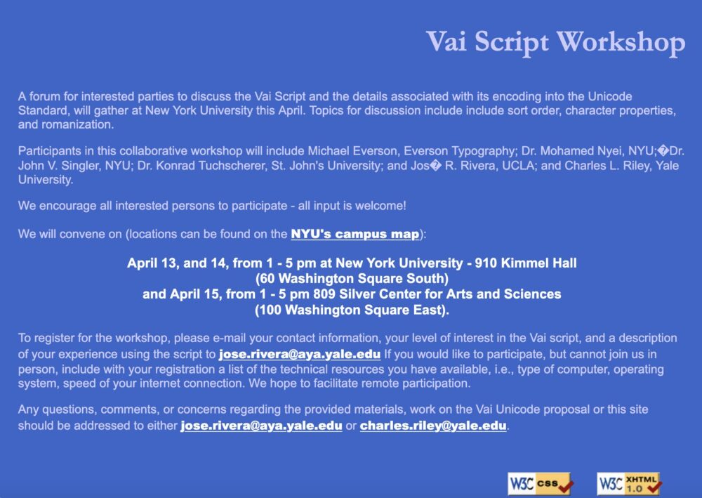 announcement describing time, place, and topic of Vai Script Workshop at NYU